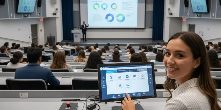 Tablet üzerinden kampüs AV kontrolü olan bir amfi