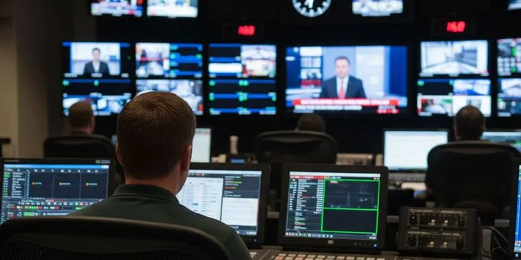 Kesintisiz playout yürüten master control odasında operatörler