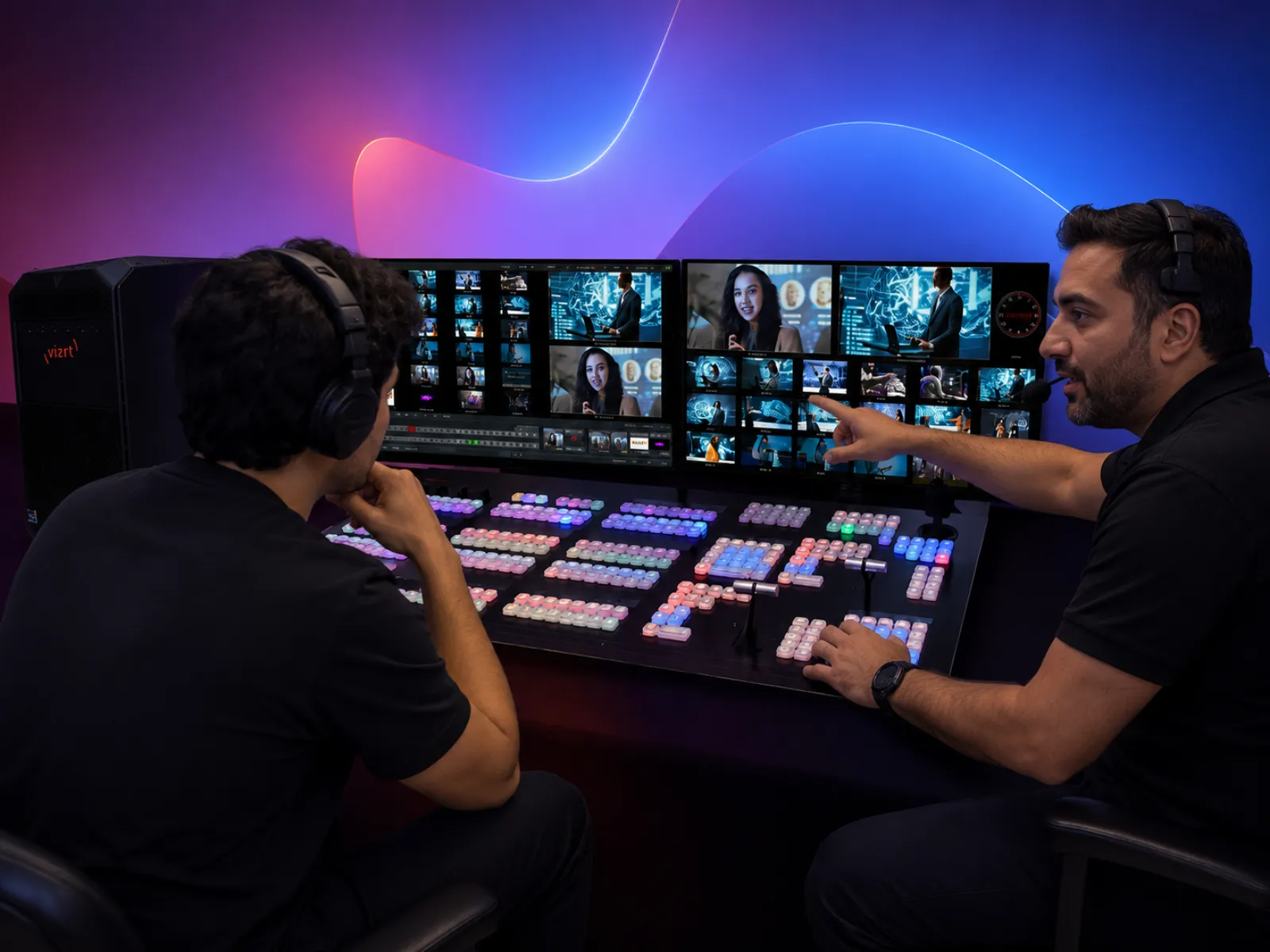 TriCaster kontrol yüzeyinde iki operatör